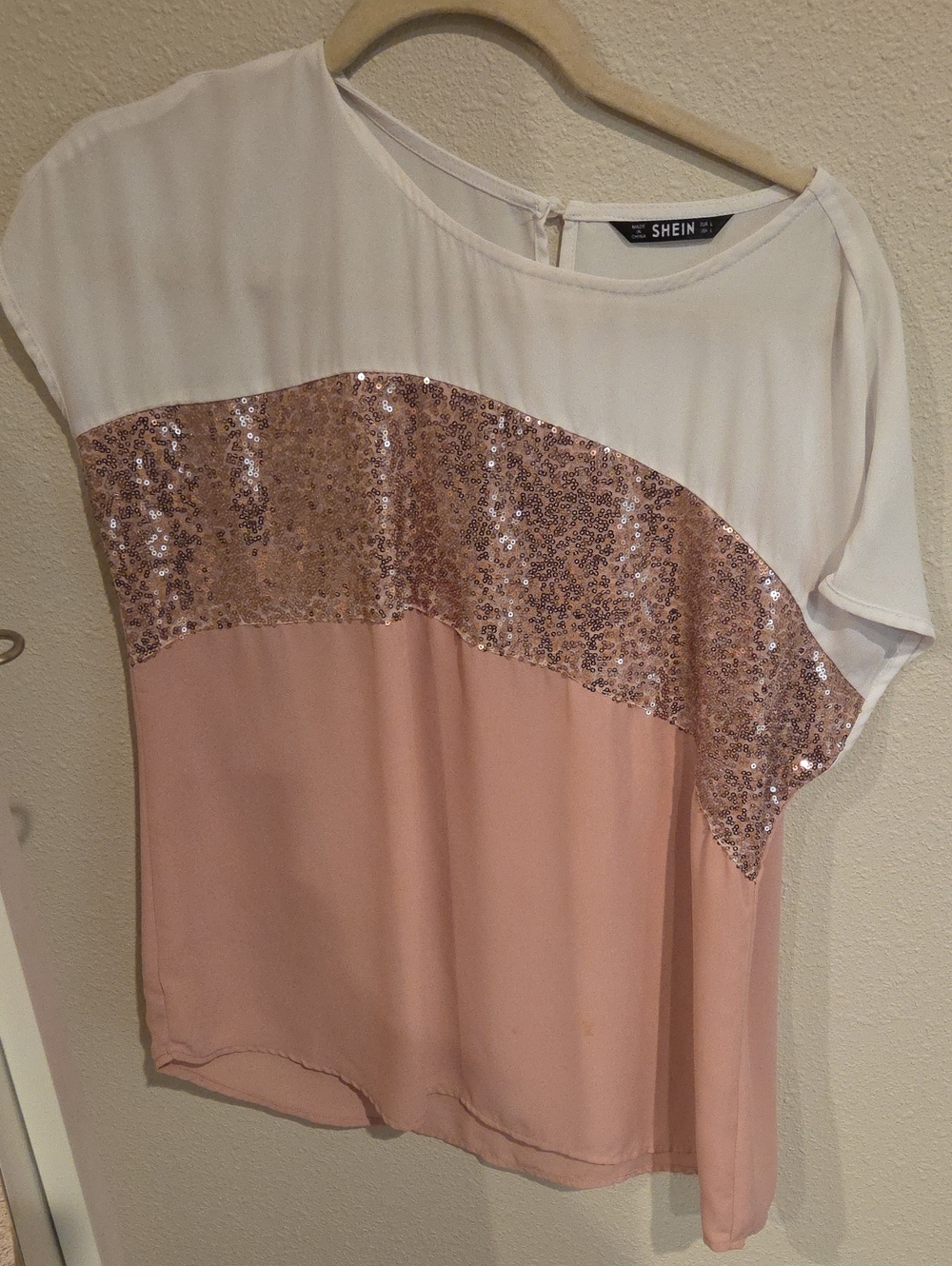 SHEIN Women's White and Blush Sequin Colorblock Top